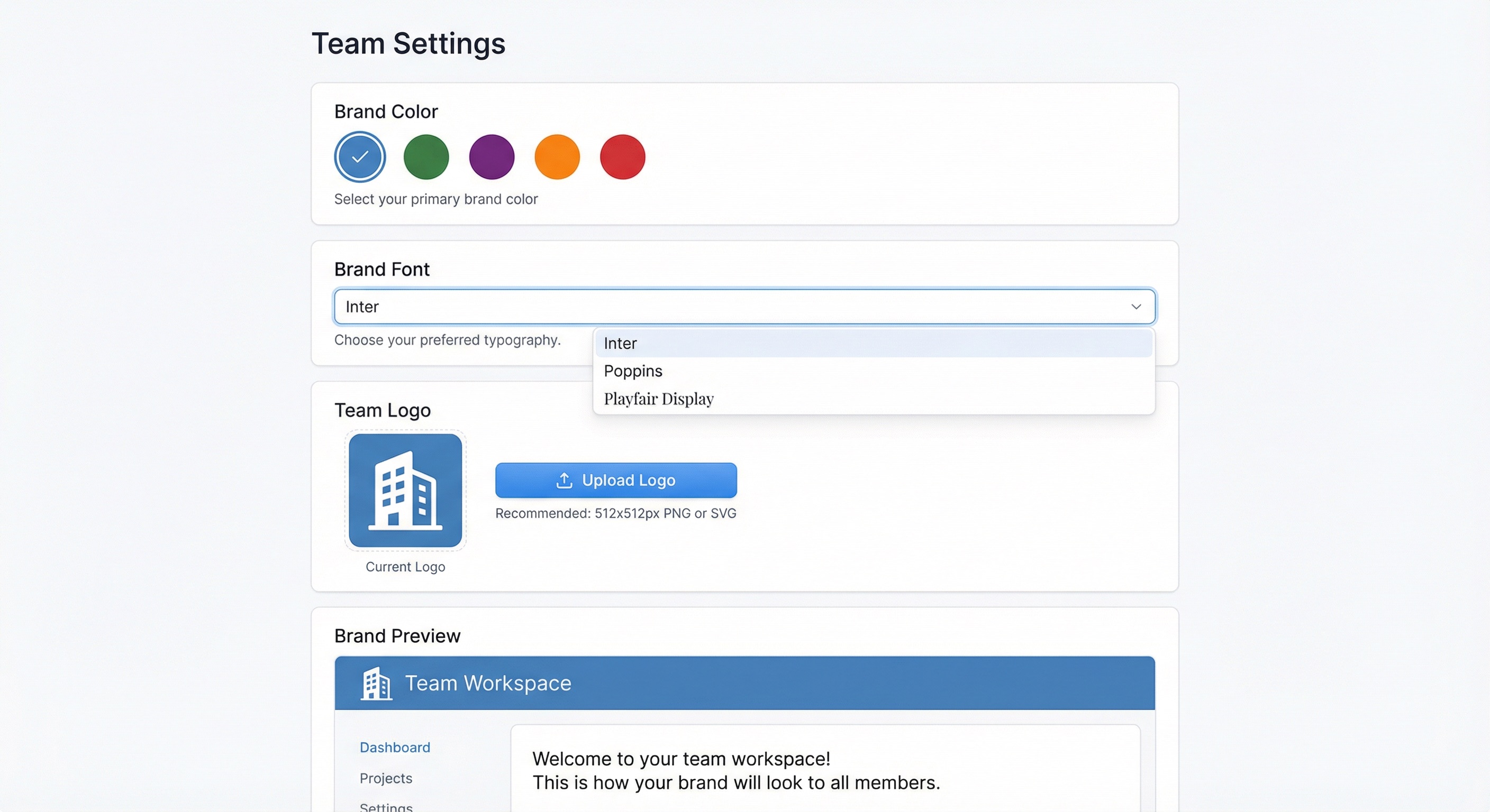 Team branding and customization settings